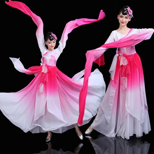 Women's girls pink flower gradient fairy hanfu water sleeves chinese folk dance costumes stage performance classical traditional dance dress